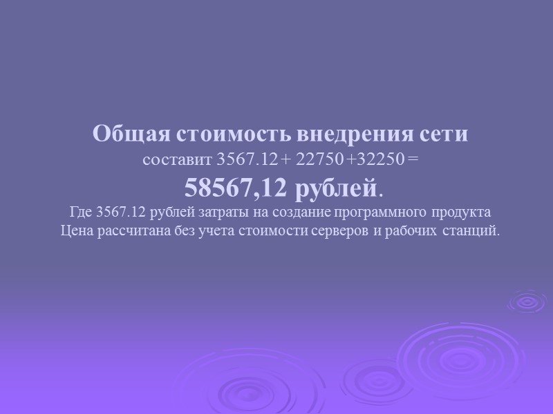 Общая стоимость внедрения сети  составит 3567.12 + 22750 +32250 =  58567,12 рублей.